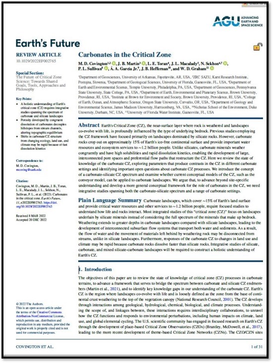 Review Paper: Carbonates in the Critical Zone (Covington et al. 2023)